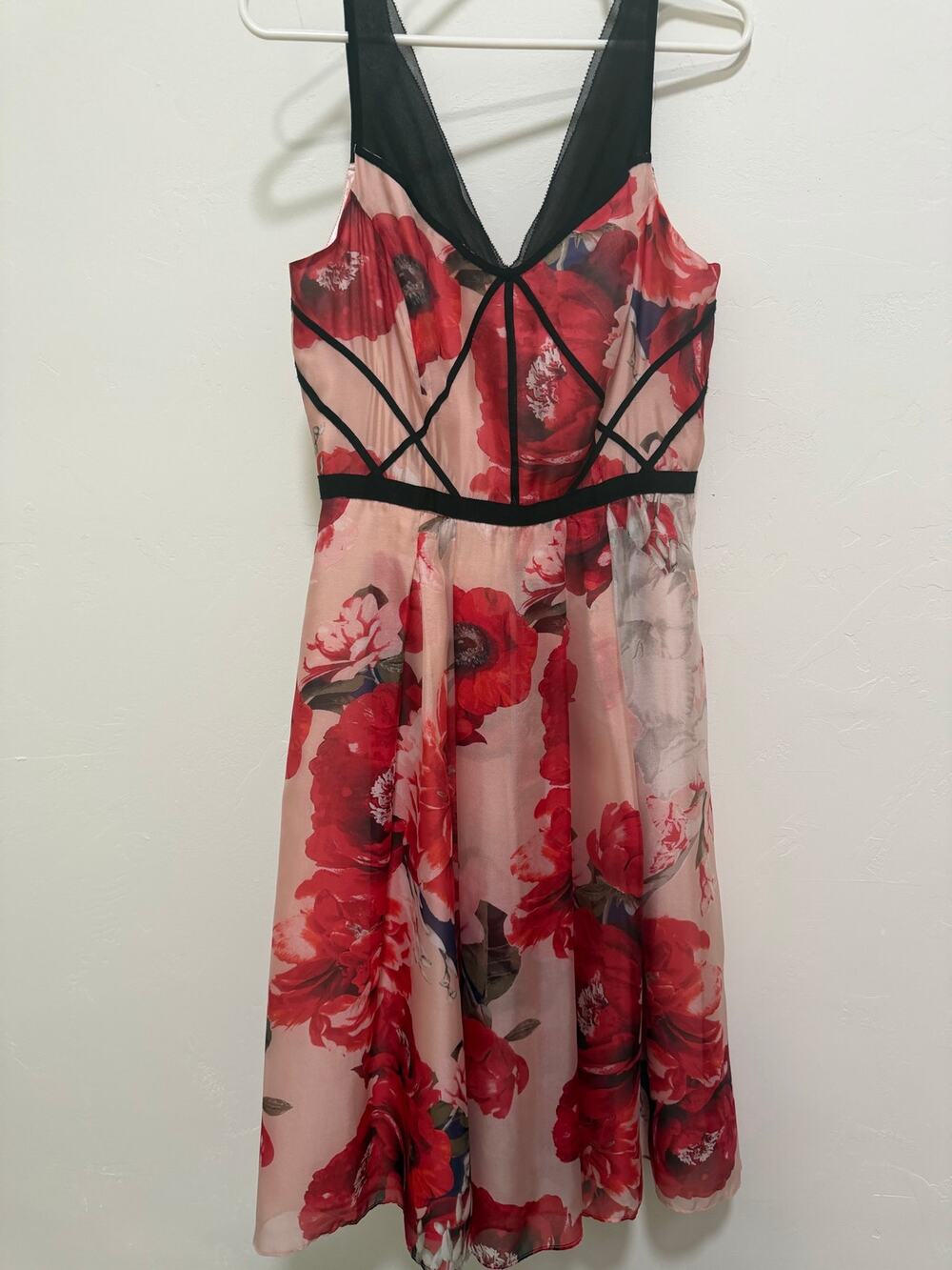 White House Black Market Pink & Red Floral Fit-and-Flare Midi Dress